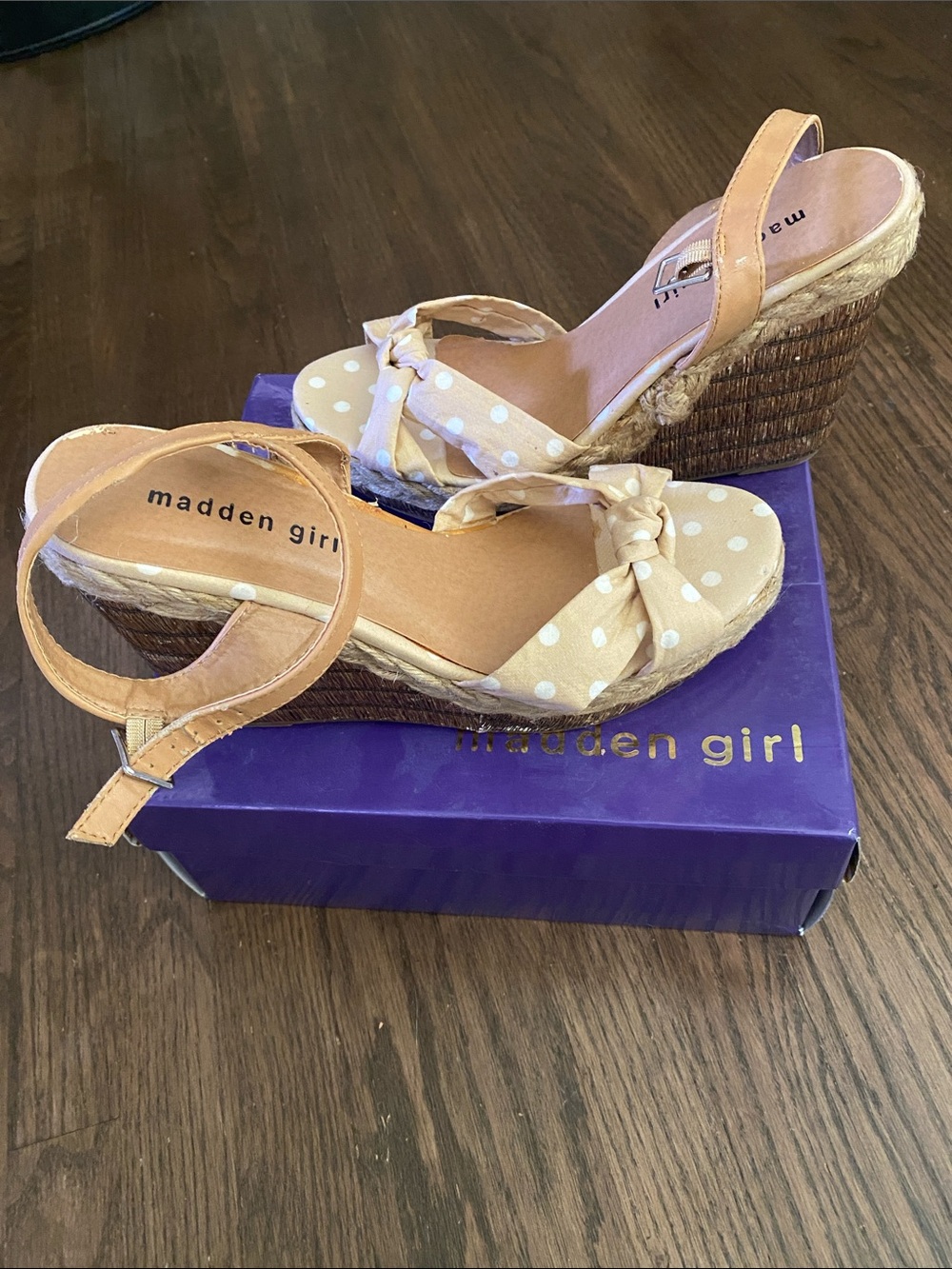 Madden Girl Beige Polka Dot Espadrille 4.5” Wedge Sandals